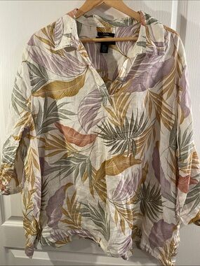 Tahari 100% Linen Cream Tunic with Mustard, Lavender & Olive Leaf Print